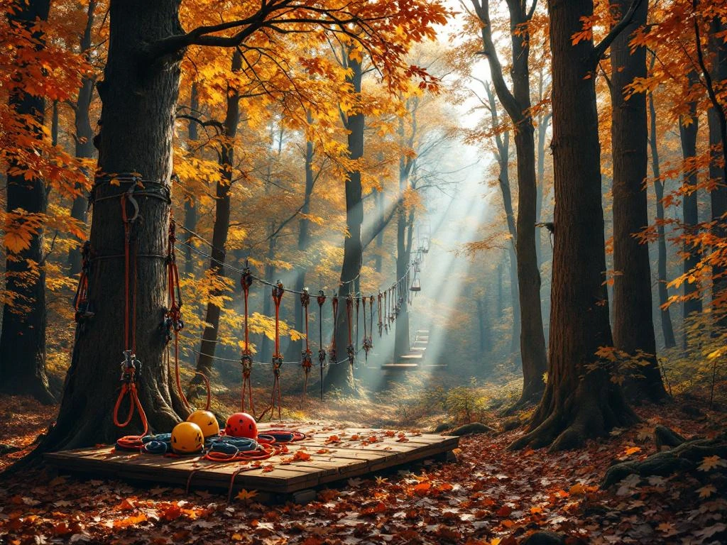 Herfstbos in Nederland met klimbaan uitrusting, touwen en helmen op houten platform tussen gekleurde bomen