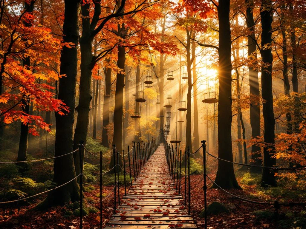 Avontuurlijk touwbrugparcours tussen boomtoppen in Nederlands herfstbos met goudoranje bladeren en zonnestralen