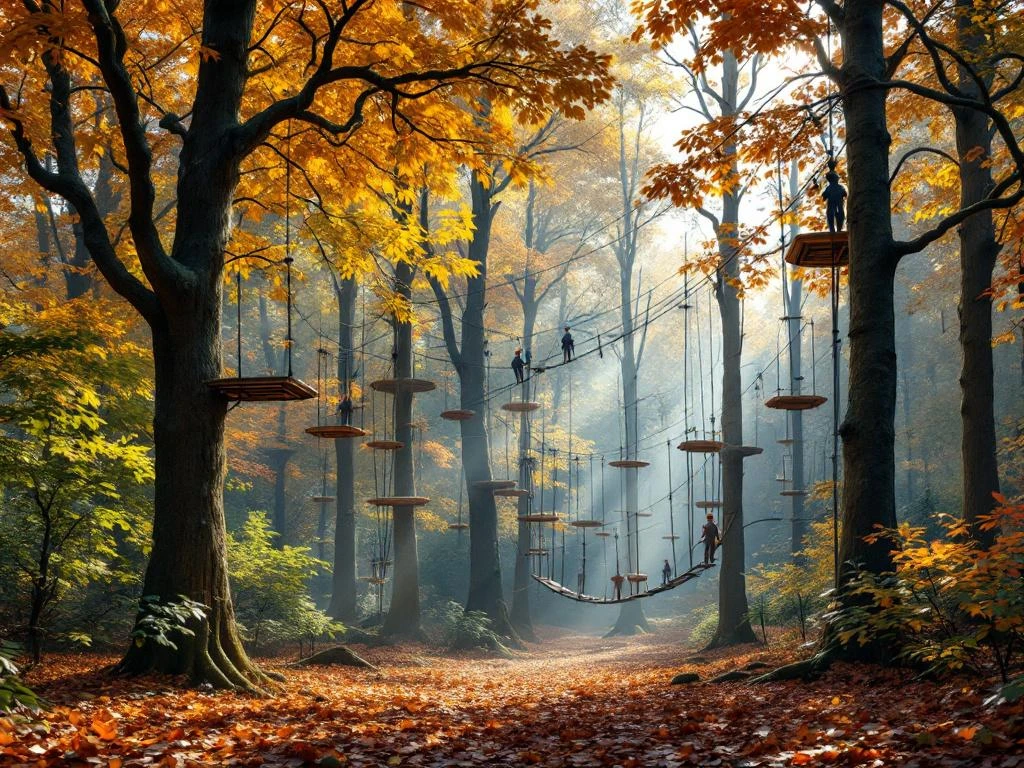 Klimbos met touwbruggen en platforms tussen herfstbomen met oranje en gouden bladeren in Nederlands bos