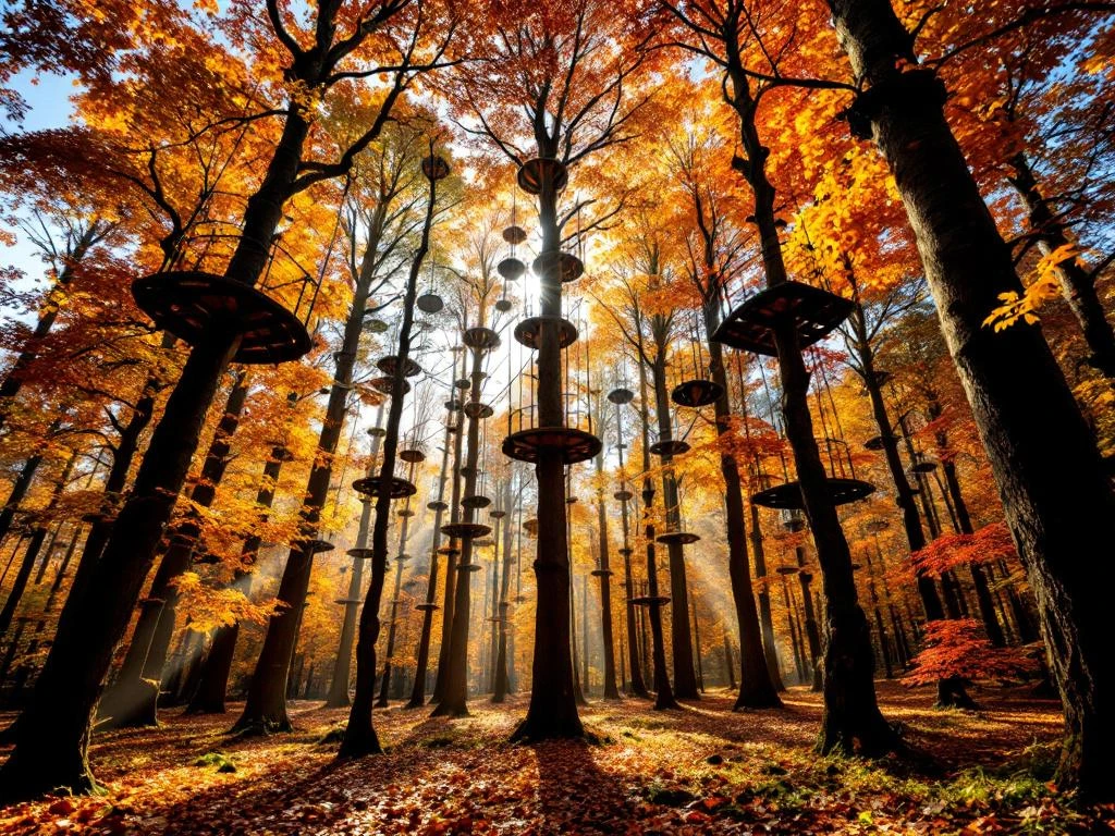 Herfstbos in Overijssel met klimbaan tussen boomtoppen, gouden zonlicht door oranje en rode bladeren