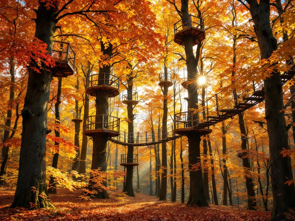 Boomklimpark met houten platforms en touwbruggen tussen herfstbomen met oranje en gouden bladeren in Nederlands bos