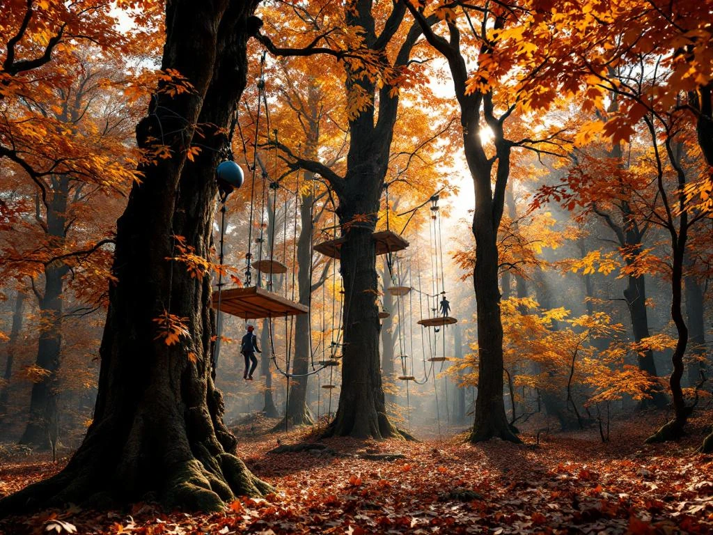 Herfstbos in Nederland met klimparcours, oranje en gouden bladeren, zonlicht door boomkronen, klimuitrusting zichtbaar