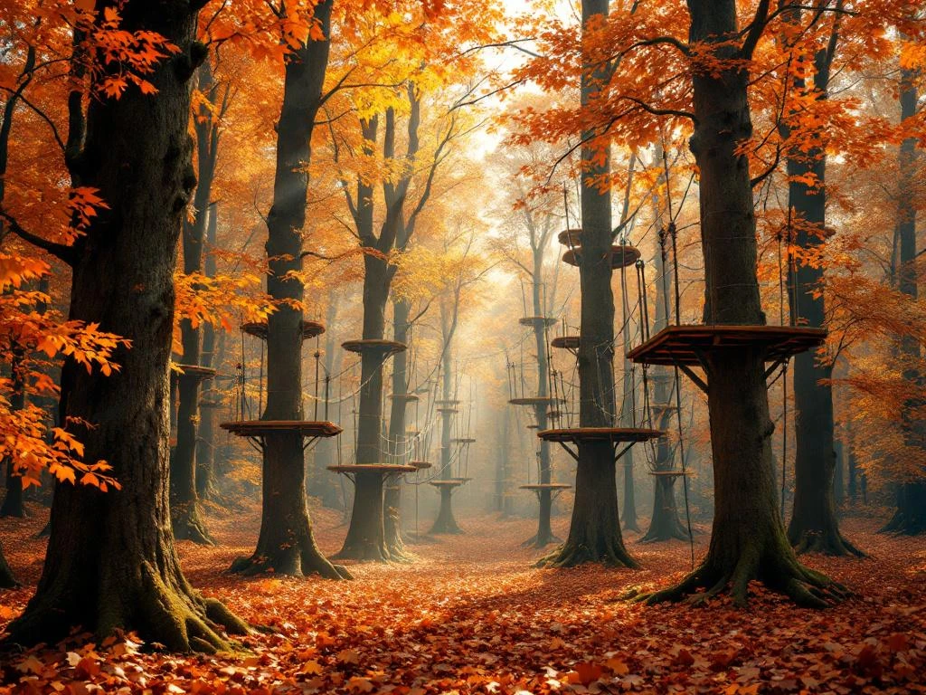 Herfstbos met klimbaan tussen bomen met oranje en gouden bladeren, houten platforms en touwen in Nederlands landschap