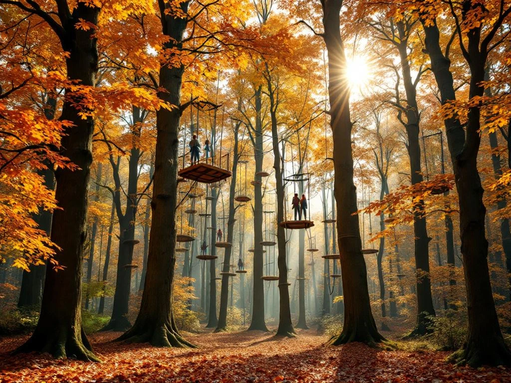 Herfstbos met avonturenpark: klimbaan tussen bomen met gouden bladeren, zonlicht en veiligheidsuitrusting in Nederland