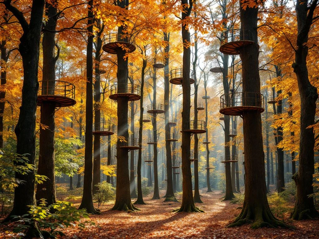 Herfstbos met klimbaan tussen bomen met oranje en gouden bladeren, zonlicht filtert door de boomkronen