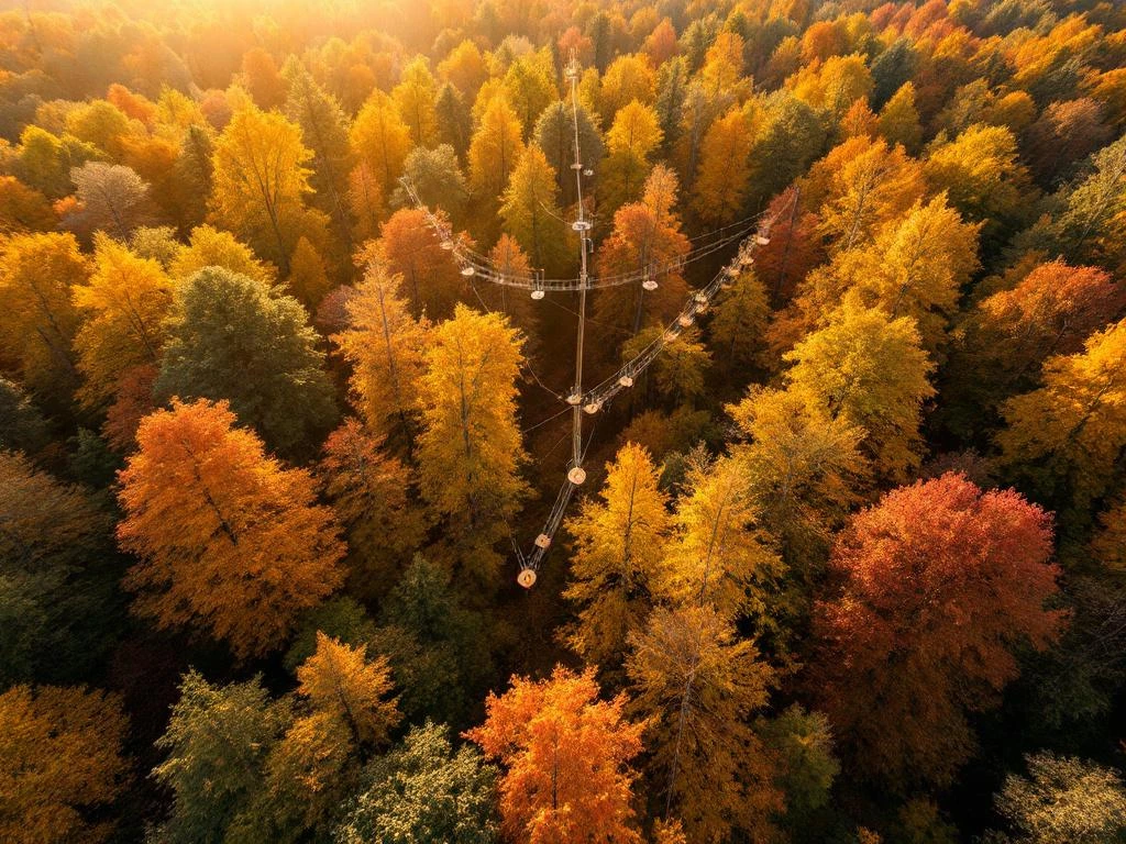 Luchtfoto van Nederlands herfstbos met oranje bladeren en ziplines door de boomtoppen tijdens gouden uur