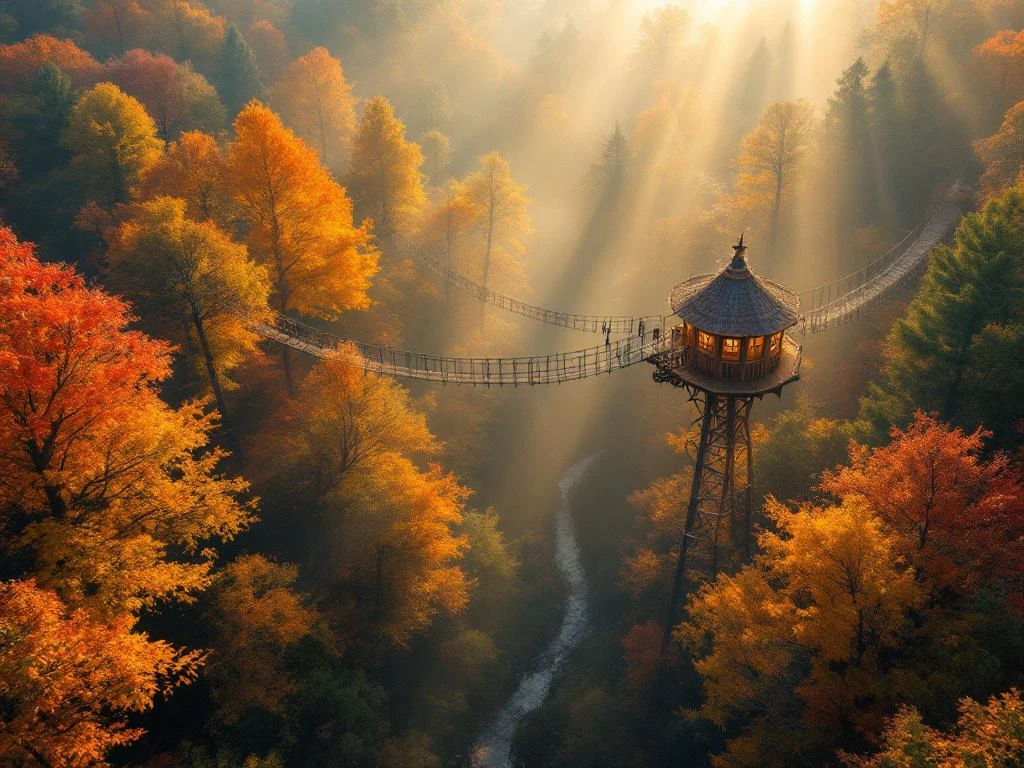 Luchtfoto van Nederlands herfstbos met avonturenpark platform tussen goudkleurige boomtoppen en wandelpaden