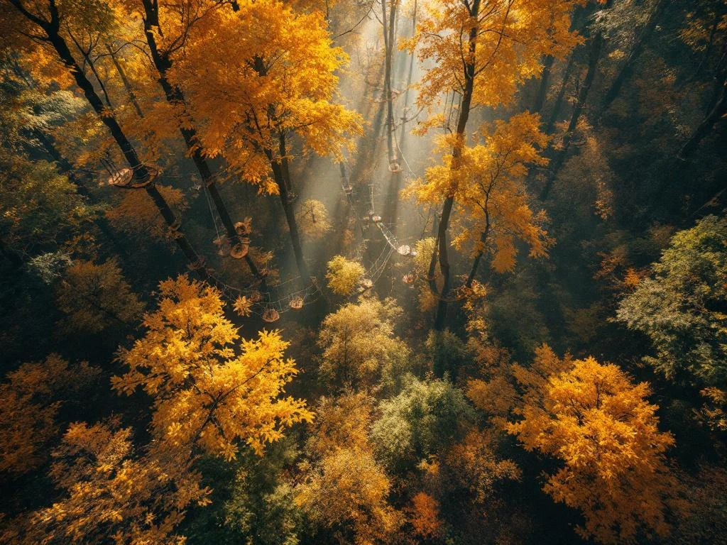 Luchtfoto van Nederlands klimbos in herfst met oranje bladeren, touwbruggen en ziplines tussen bomen voor gezinsavonturen